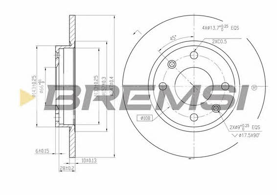 Bremsi DBA059S Unventilated front brake disc DBA059S: Buy near me in Poland at 2407.PL - Good price!